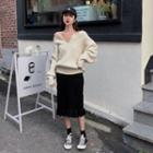 Split-neck Cable-knit Sweater / Ruffle Hem Knit Midi Straight-fit Skirt