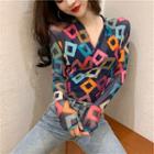 Patterned Long-sleeve Mesh Top