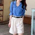 Long-sleeve Plain Shirt / Wide Leg Shorts / Set