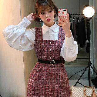 Tweed Mini Pinafore Dress With Belt
