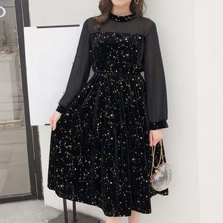 Long-sleeve Star Print A-line Midi Dress