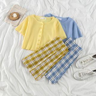Short-sleeve Plain Knit Top / Plaid High-waist Skirt