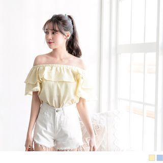 Off-shoulder Daisy Embroidered Ruffled Striped Top