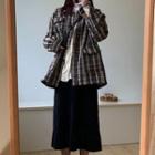 Plaid Button Jacket / Midi Knit Skirt