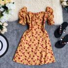 Short-sleeve Rose Patterned A-line Dress Yellow - One Size
