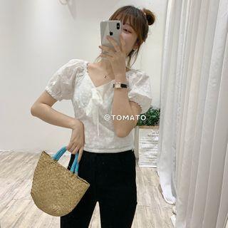 Lace Puff-sleeved Bow Top Off-white - One Size