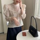 Long-sleeve Lace Blouse Beige - One Size
