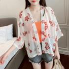 Flower Print 3/4-sleeve Open Front Chiffon Jacket As Shown In Figure - One Size