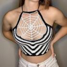 Halter-neck Web Embroidered Knit Top