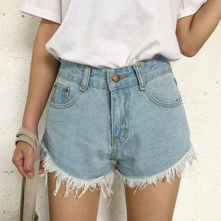 Fringed High-waist Denim Shorts