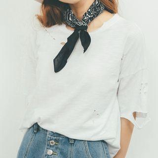 Plain Elbow-sleeve Ripped T-shirt