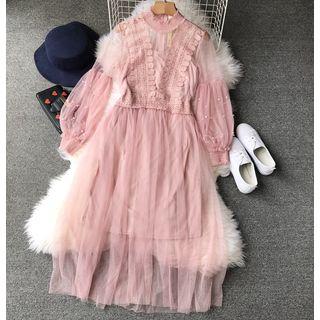 Set: Mesh Long-sleeve A-line Dress + Slipdress