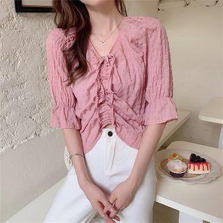 Elbow-sleeve Drawstring Shirred Top