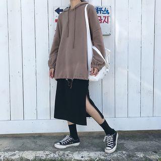 Drawstring Hem Hoodie / Split Hem Midi A-line Skirt