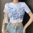 Short-sleeve Floral Print Panel Cropped T-shirt