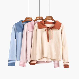 Tie-neckline Colorblock Knit Polo Shirt