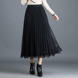 Glitter Lace Overlay Accordion Pleat Midi Skirt
