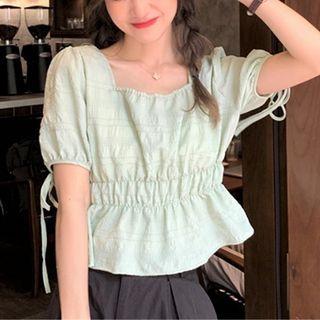 Plain Elastic Waist Square Neck Top