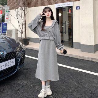 Set: Spaghetti Strap Midi A-line Dress + Zip Hoodie