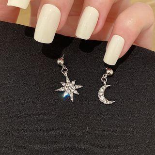 Moon & Star Rhinestone Asymmetrical Dangle Earring