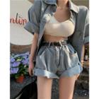 Short-sleeve Loose-fit Denim Shirt / Set: High-waist Denim Shorts + Belt