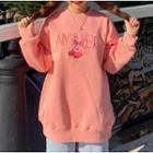 Long-sleeve Bear Embroidered Sweatshirt Pink - One Size