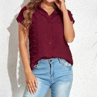 Short-sleeve Collar Dotted Chiffon Shirt