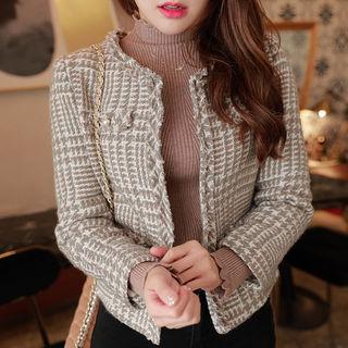 Wool Blend Houndstooth Tweed Jacket