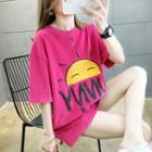 Sun Print Lettering Elbow-sleeve T-shirt
