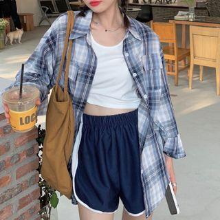 Set : Plaid Long-sleeve Shirt + Shorts + Tank Top