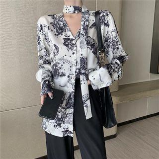 Long-sleeve V-neck Graphic Print Blouse Black & White - One Size