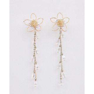 Beaded Flower Motif Drop Earrings Gold - One Size