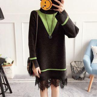 Lace Hem Color Panel Mock Neck Long Sleeve Knit Dress
