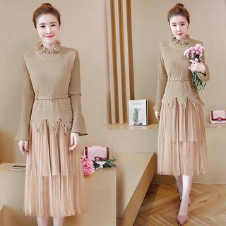 Set: Ruffled Knit Vest + Mesh-panel Dress