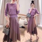 Set: 3/4-sleeve Pointelle Knit Top + Color Block Mesh Midi Accordion Pleat Skirt