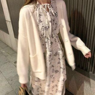 Long-sleeve Floral Print Midi Dress / Plain Cardigan