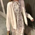 Long-sleeve Floral Print Midi Dress / Plain Cardigan