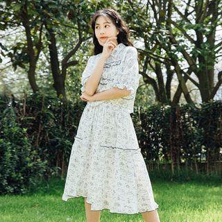 Animal Print Elbow-sleeve Blouse / Midi A-line Skirt / Set Midi Skirt - White - S
