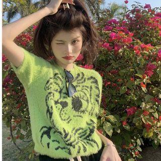 Short-sleeve Print Knit Top Green - One Size
