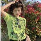 Short-sleeve Print Knit Top Green - One Size