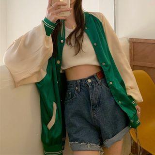 Plain Baseball Jacket Green & Beige - One Size