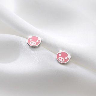 Pig Sterling Silver Earring 1 Pair - S925 Silver Stud - Silver - One Size