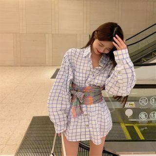 Long-sleeve Single Breasted Plaid Shirt Dress + Plaid Belt As Shown In Figure - One Size