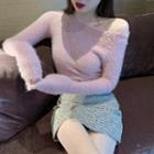 One-shoulder Sweater / Sequined Mini Straight-fit Skirt