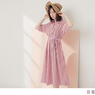 Contrast Stripe Elbow Sleeve Shirtdress