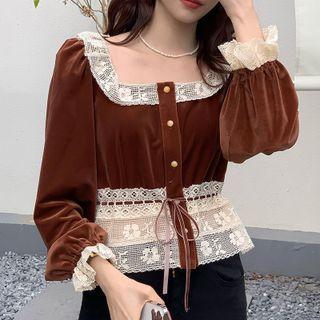 Bell Sleeve Square Neck Lace Panel Velvet Blouse