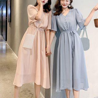 Elbow-sleeve V-neck Chiffon Midi A-line Dress
