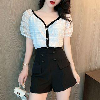 Short-sleeve Lace Blouse / High-waist Shorts