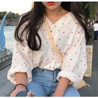 Heart Print V-neck Blouse White - One Size