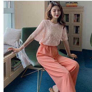 Set: Short-sleeve Sequined T-shirt + Wide Leg Pants As Shown In Figure - One Size